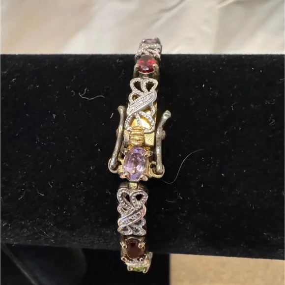 Vintage Gold Vermeil on Sterling Silver & Multicolored Gemstones Tennis Bracelet - Picture 2 of 4